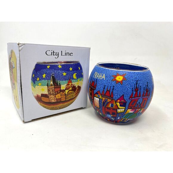 Vintage Sicherheitshinweis Glass Candle Holder CITY LINE Glowing Globes Praha - Picture 2 of 11
